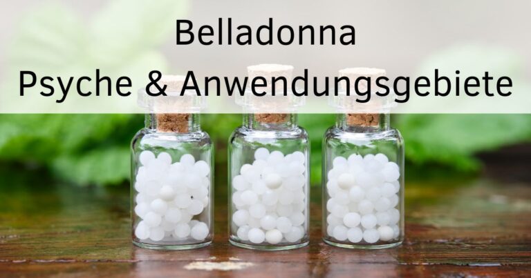 Bild: Glasflaschen mit Globuli Text: Belladonna Psyche und Anwendungsgebiete