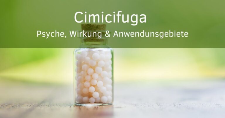 Bild: Globuli in einer Flasche Text: Cimicifuga Psyche, Wirkung und Anwendungsgebiete