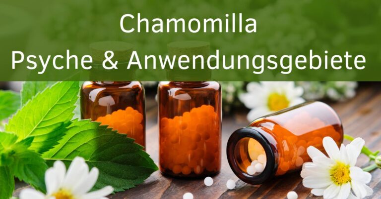 Bild: Flaschen mit Globuli Text: Chamomilla Psyche und Anwendungsgebiete